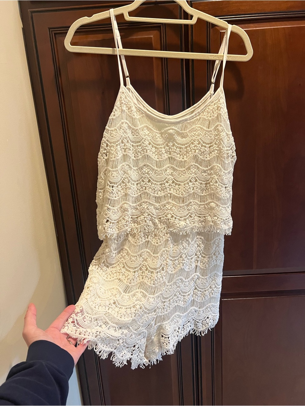 Dina Be Vanilla Cream Crochet Romper One Piece Adjustable Shoulders - L